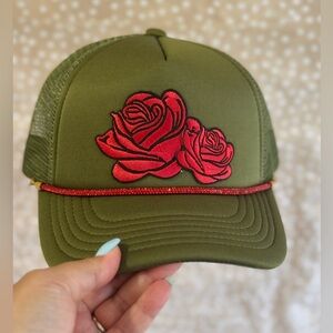 Rosy Rebel Trucker Hat – Olive Green Cap with Roses & Red Rhinestones